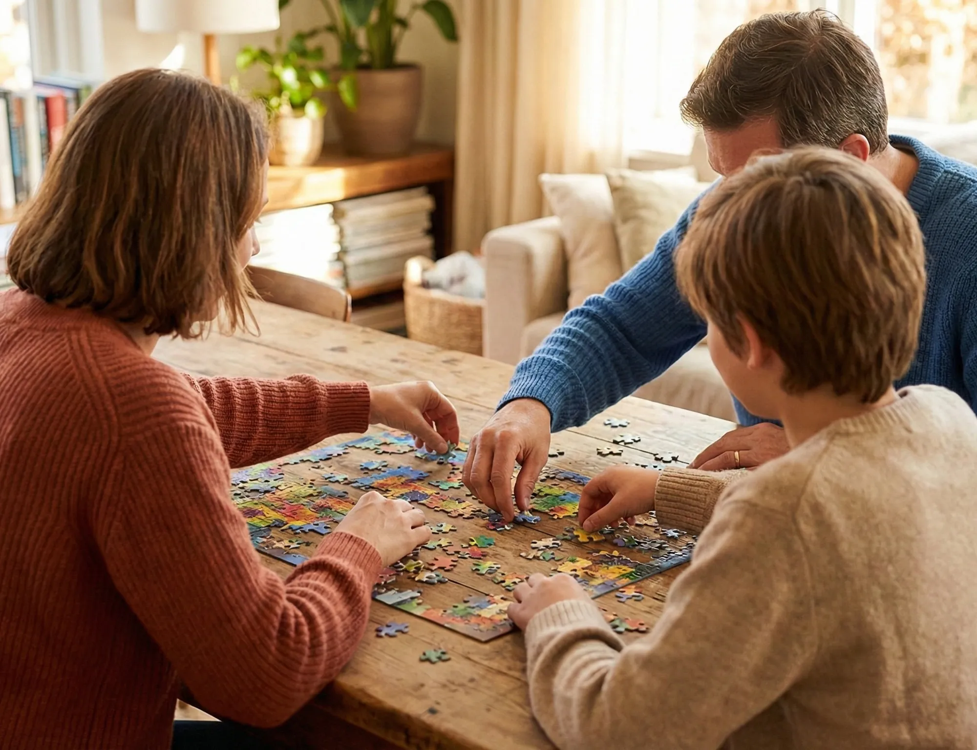 Familia haciendo puzles