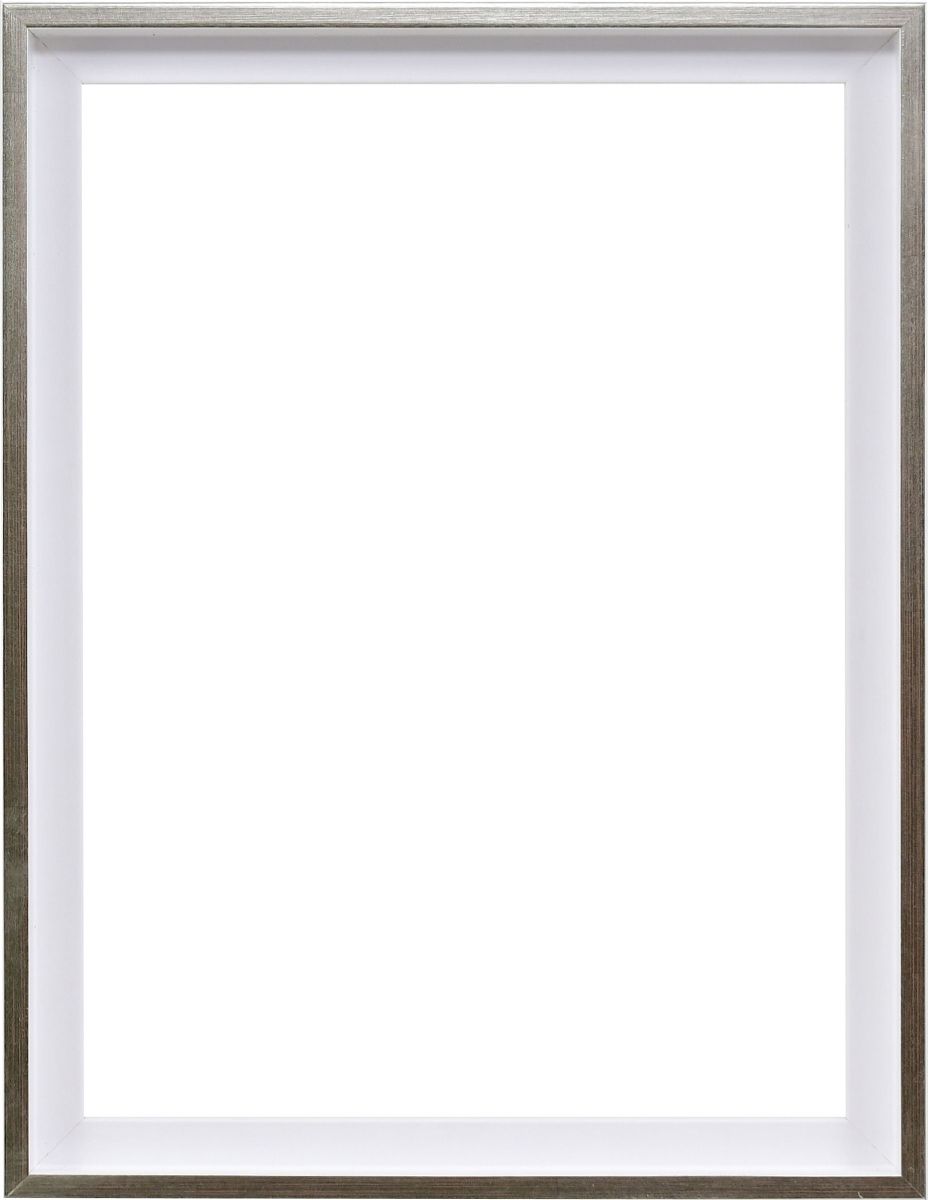 Vista frontal de un moderno y discreto marco con junta de sombra en blanco con canto plateado.
