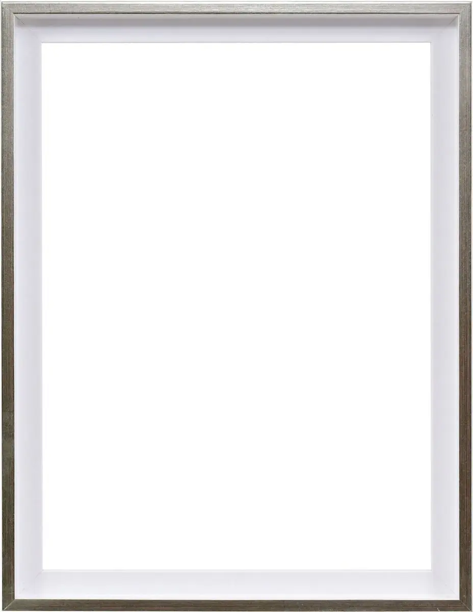Vista frontal de un moderno y discreto marco con junta de sombra en blanco con canto plateado.