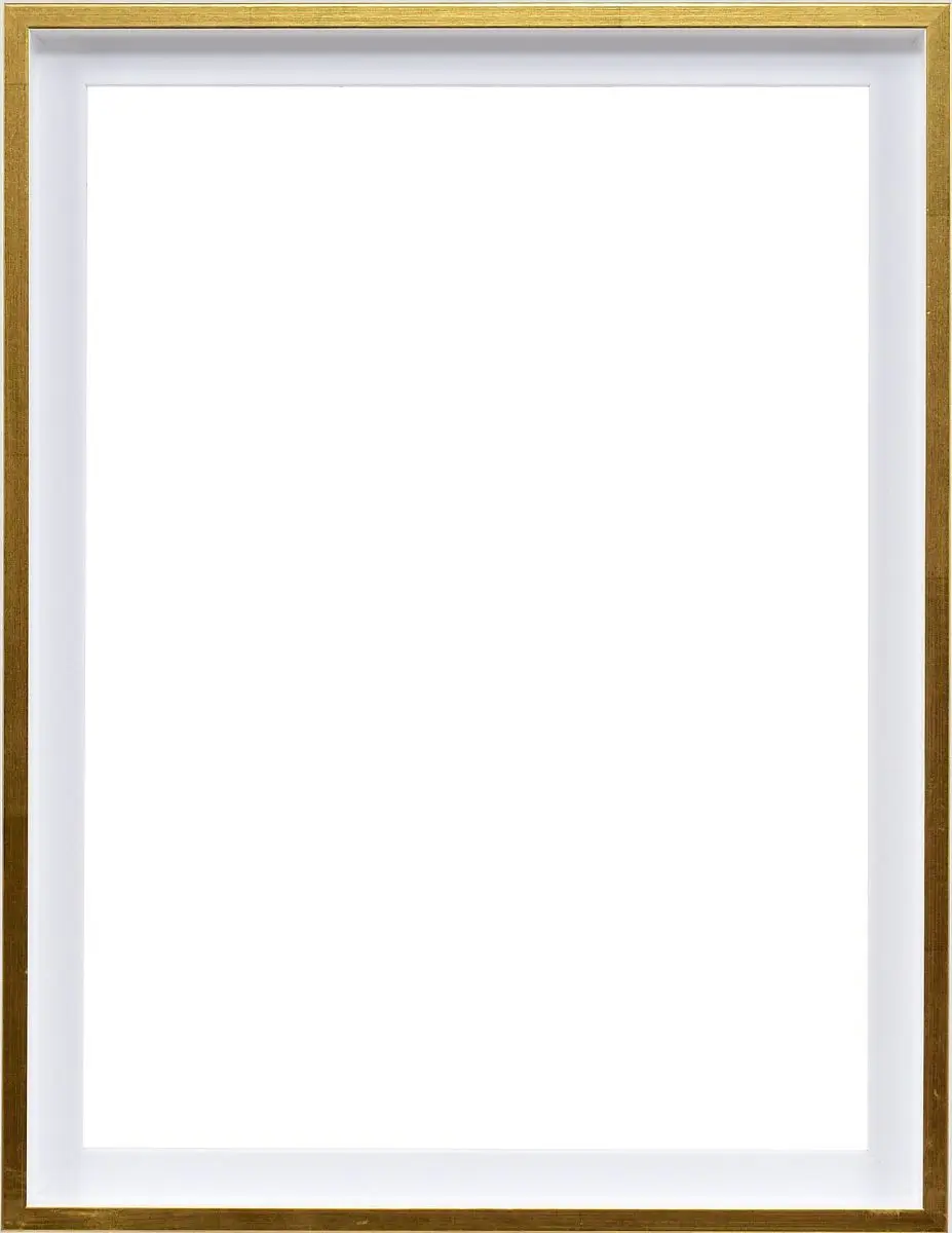 Vista frontal de un marco con junta de sombra moderno y discreto en blanco con borde dorado