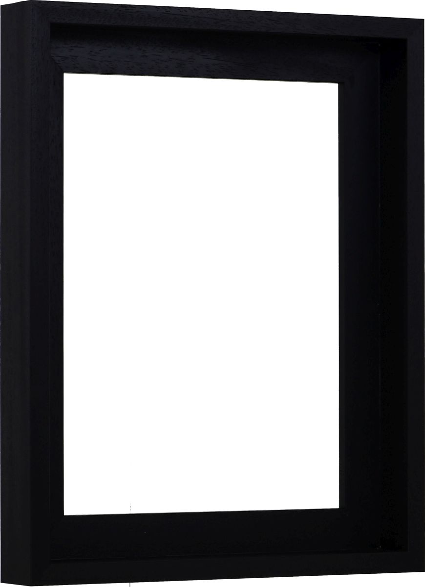 Vista lateral de un marco negro, discreto y moderno con un acabado de poro abierto para lienzos