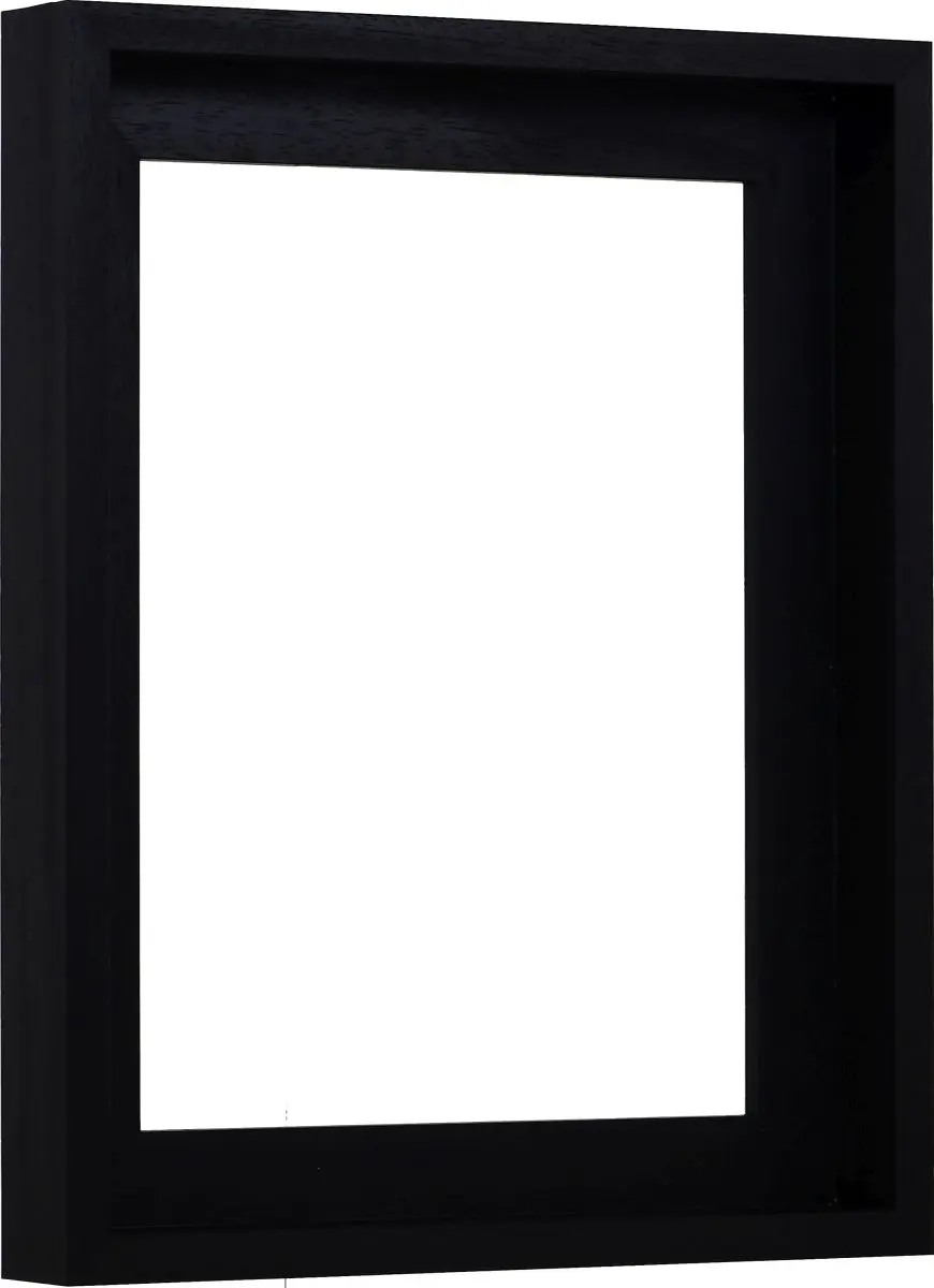 Vista lateral de un marco negro, discreto y moderno con un acabado de poro abierto para lienzos