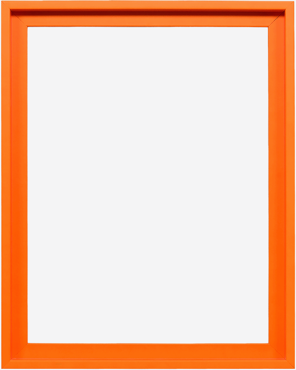 Marco flotante moderno Jill en llamativo naranja neón para lienzos, vista frontal sobre fondo blanco.