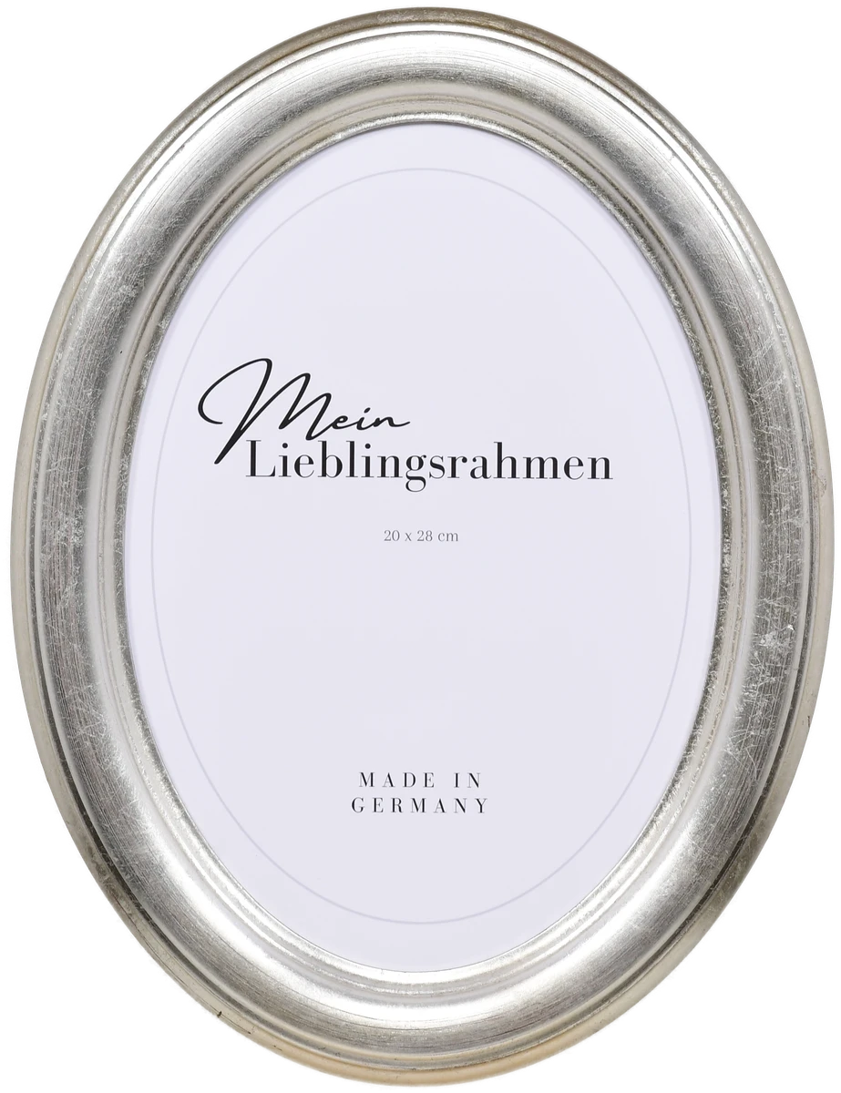 Vista frontal de un marco ovalado en color plata
