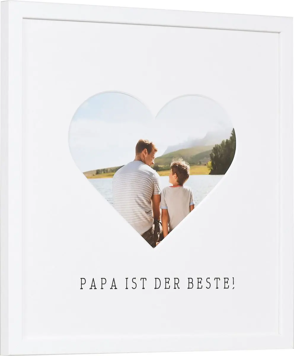 Vista lateral de un marco de fotos con paspartú de corazón para Papá en color blanco
