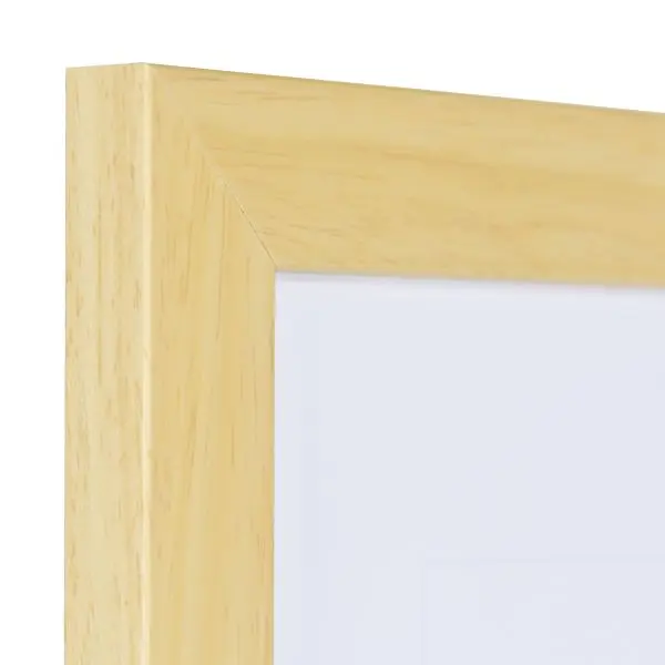 Vista de la esquina de un marco de fotos de madera natural, con estructura de madera visible, superficie lisa y perfil angular y sencillo.